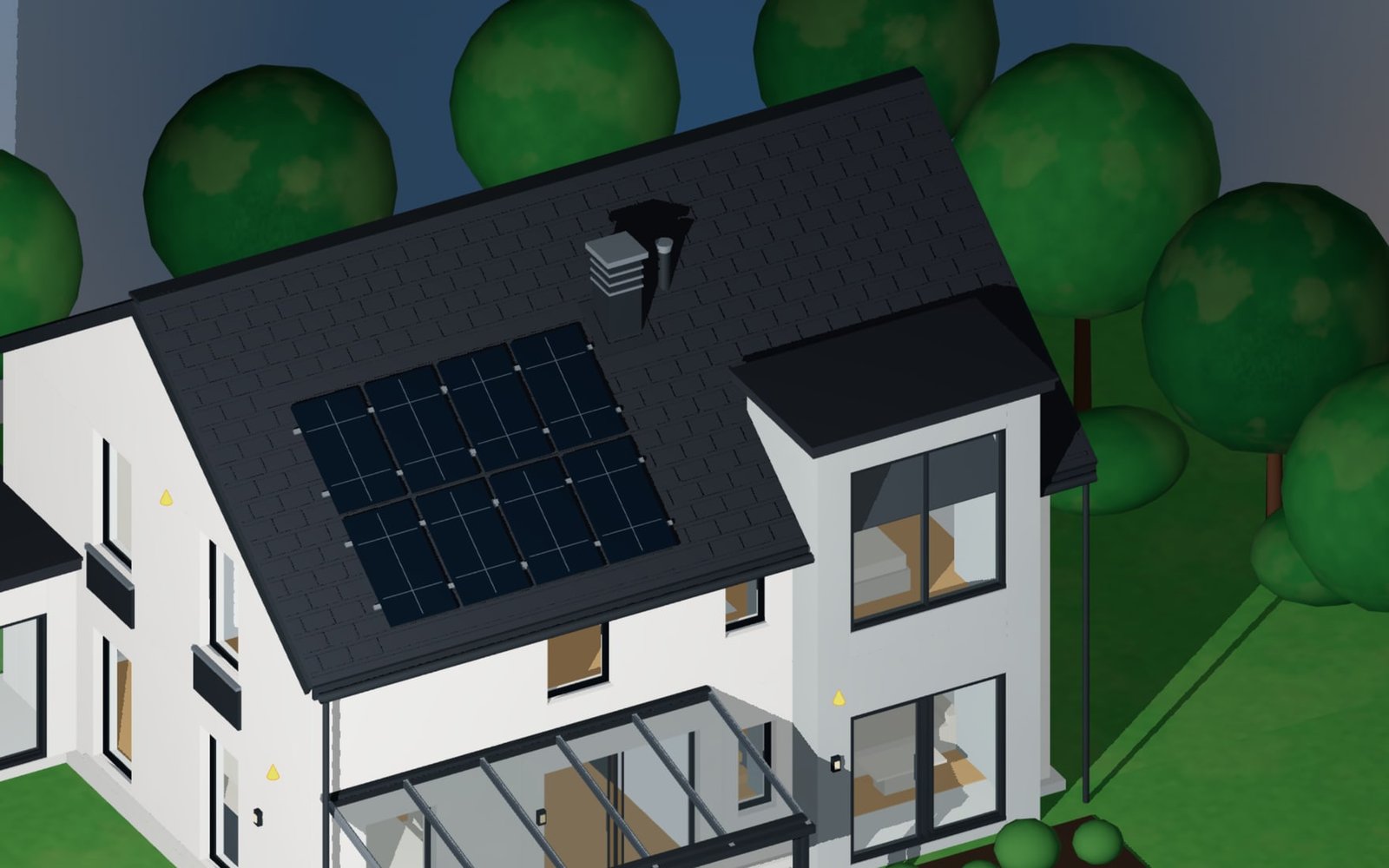 Photovoltaic array and chimney on the tiled roof plane