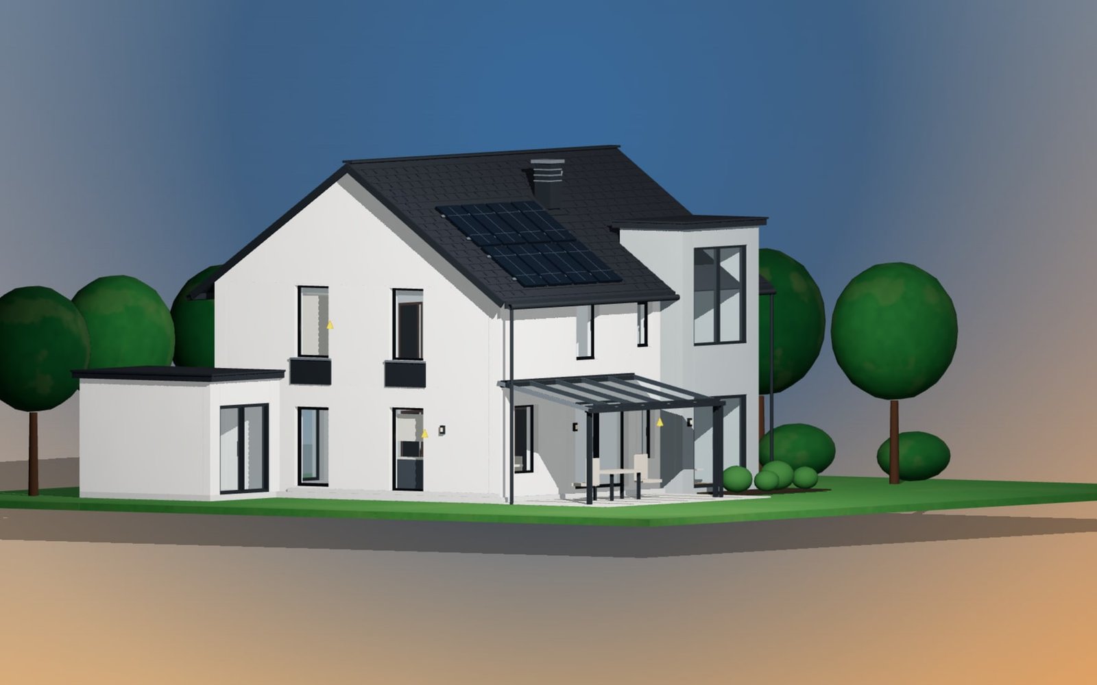 PV house with dormer wing and annex, overall view