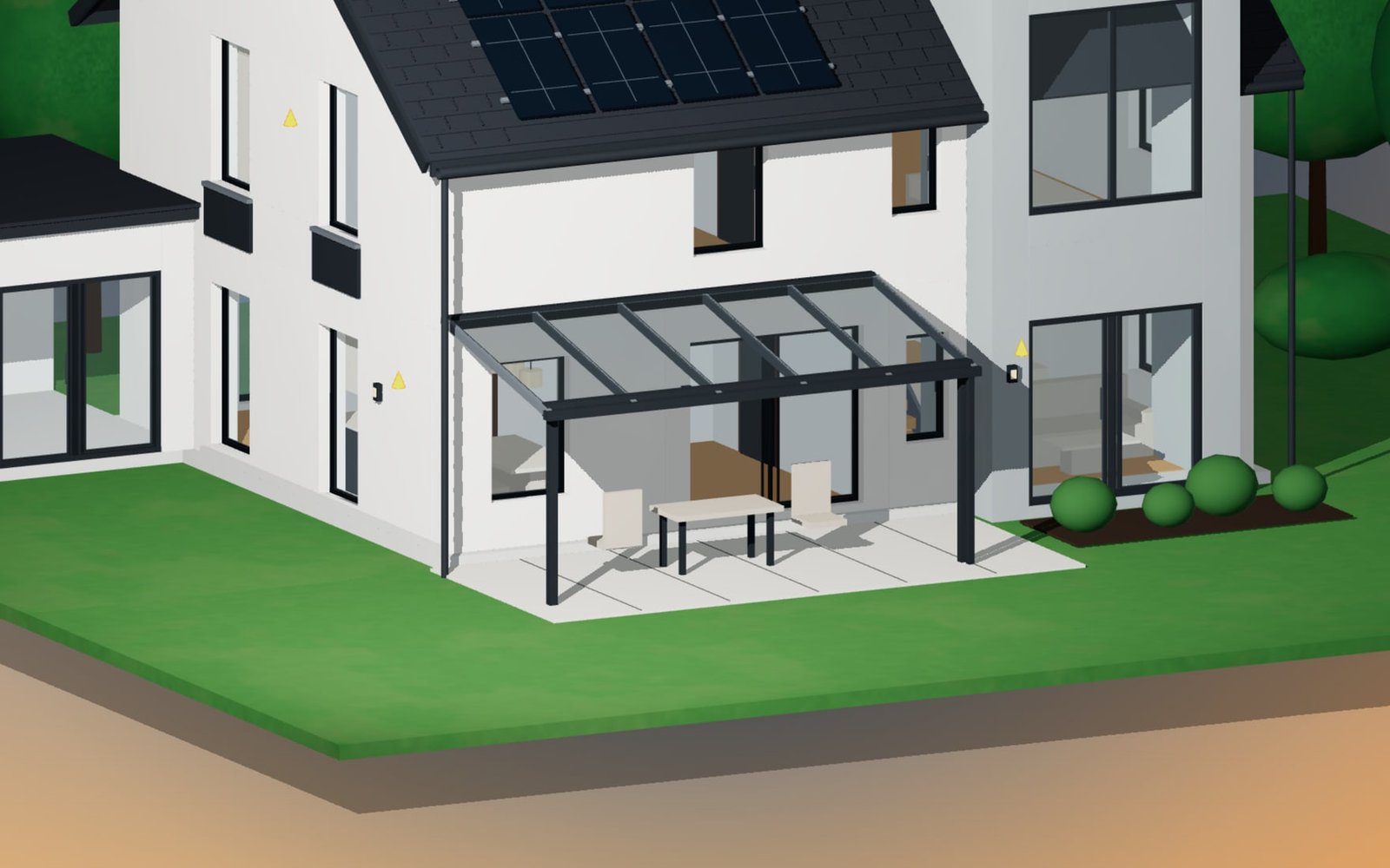 Glass terrace canopy against the gable wall with terrace furniture