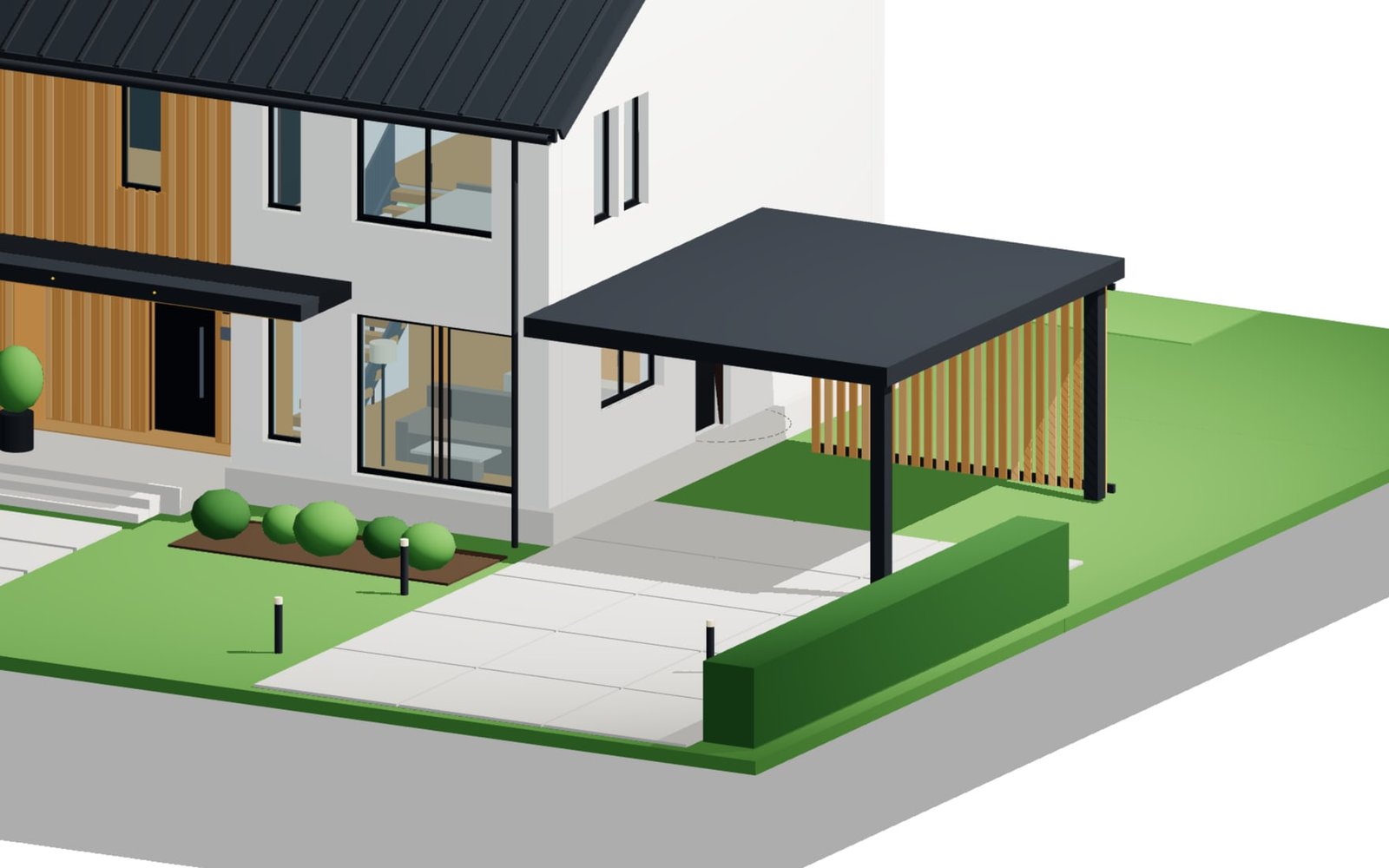 Carport with flat roof slab, columns and slatted timber back wall