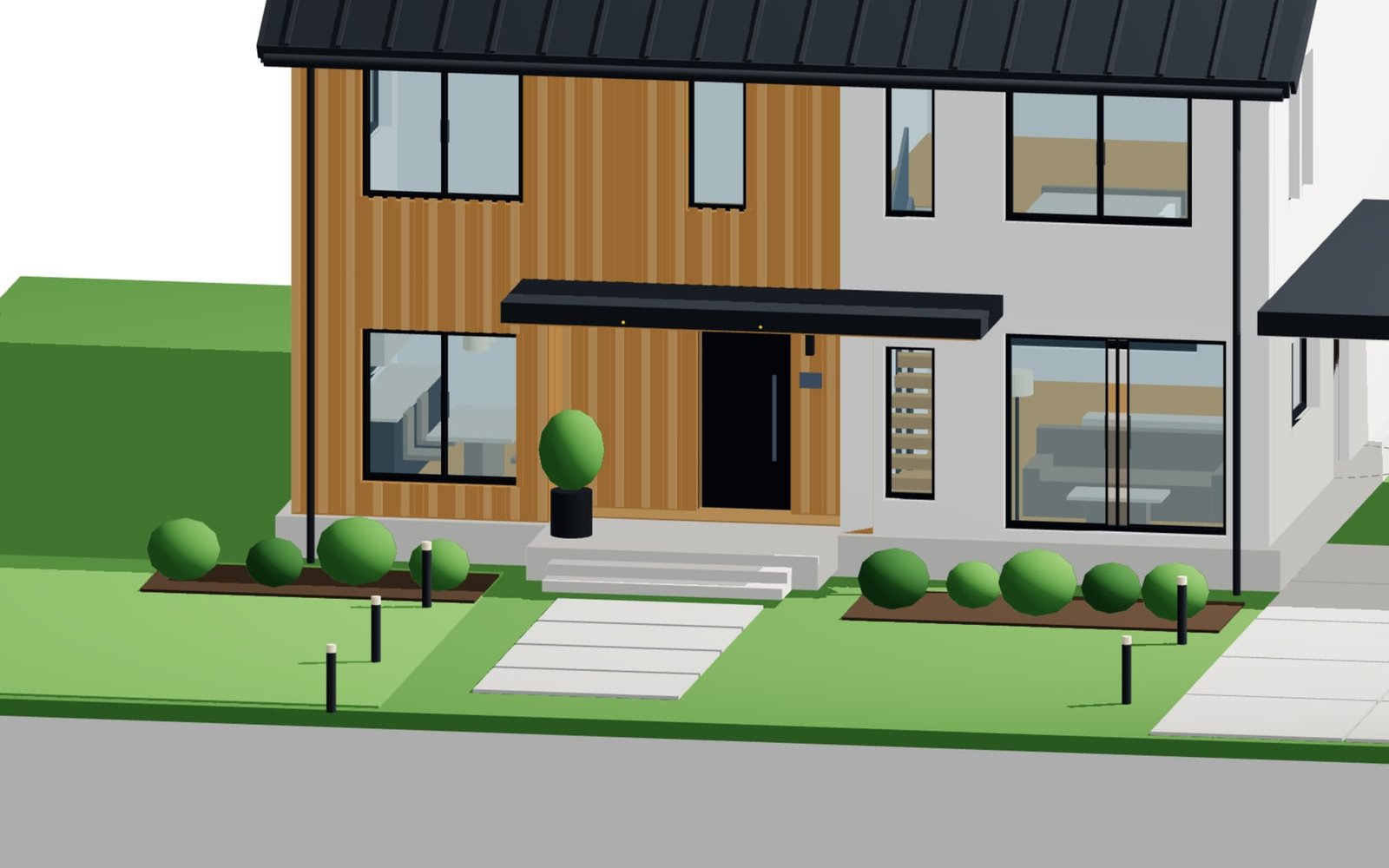 Recessed entrance with cantilevered canopy and block steps