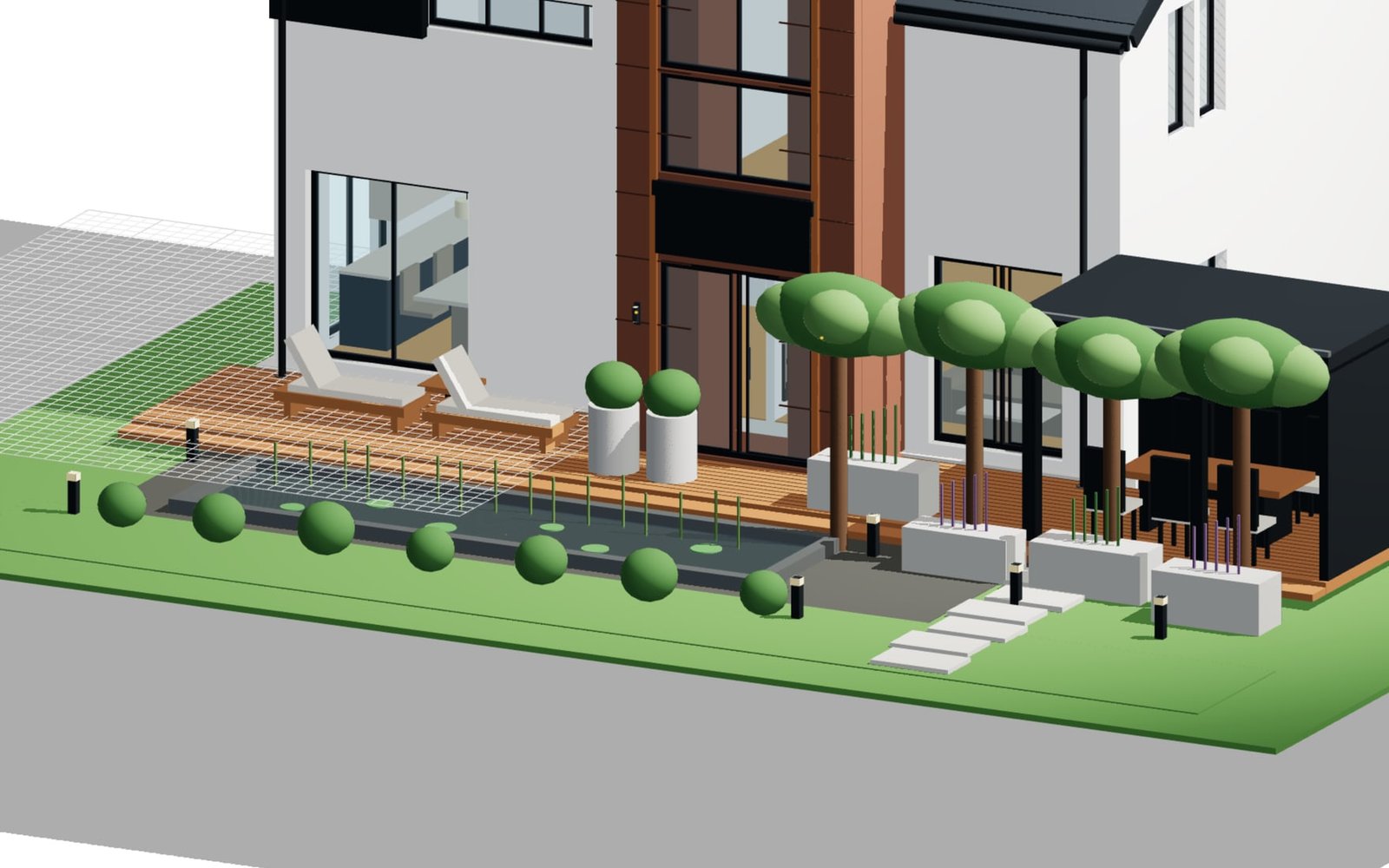 Terrace deck with reflecting pool, planters and pavilion