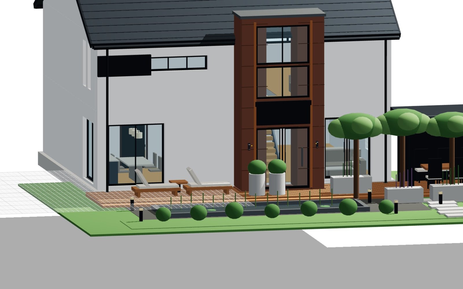 Projecting natural stone tower with storey-height glazing